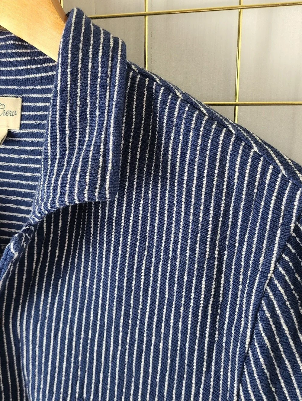 J. Crew Knit Blue Ivory Feeder Stripe Short Sleeve Button-Down Shirt